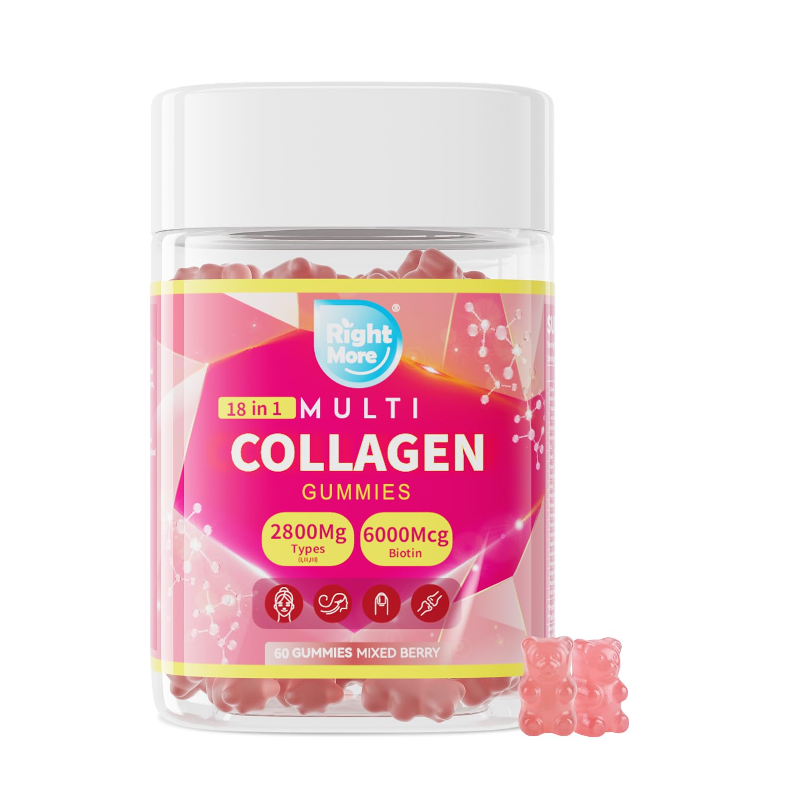 Multi Collagen Gummies 18-in-1 with Multivitamin & Biotin 6000mcg for Women & Men - Skin, Hair & Nails Support - Mixed Berry Flavor - 60 Count