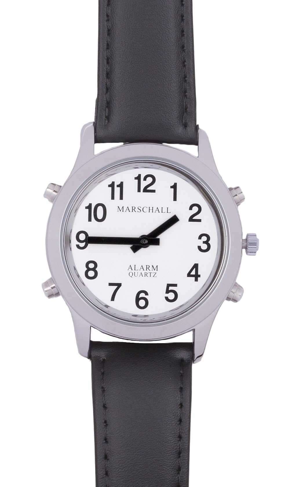 Marschall Deutsch sprechende Herren Armbanduhr I H-SL I Für Blinde, Senioren und Sehbehinderte I Komplette Datumsansage I Extra große Zeiger I Silberfarben mit Lederarmband
