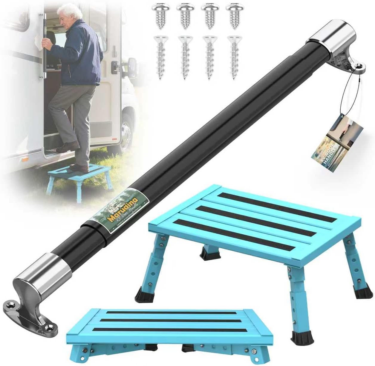 RV Steps (1000 lbs Capacity, 3-Level Adjustable Folding Platform) + Extendable RV Screen Door Handle (21.7”-33”), Heavy-Duty Safety Grab Bar for Camper, Motorhome, Travel Trailer