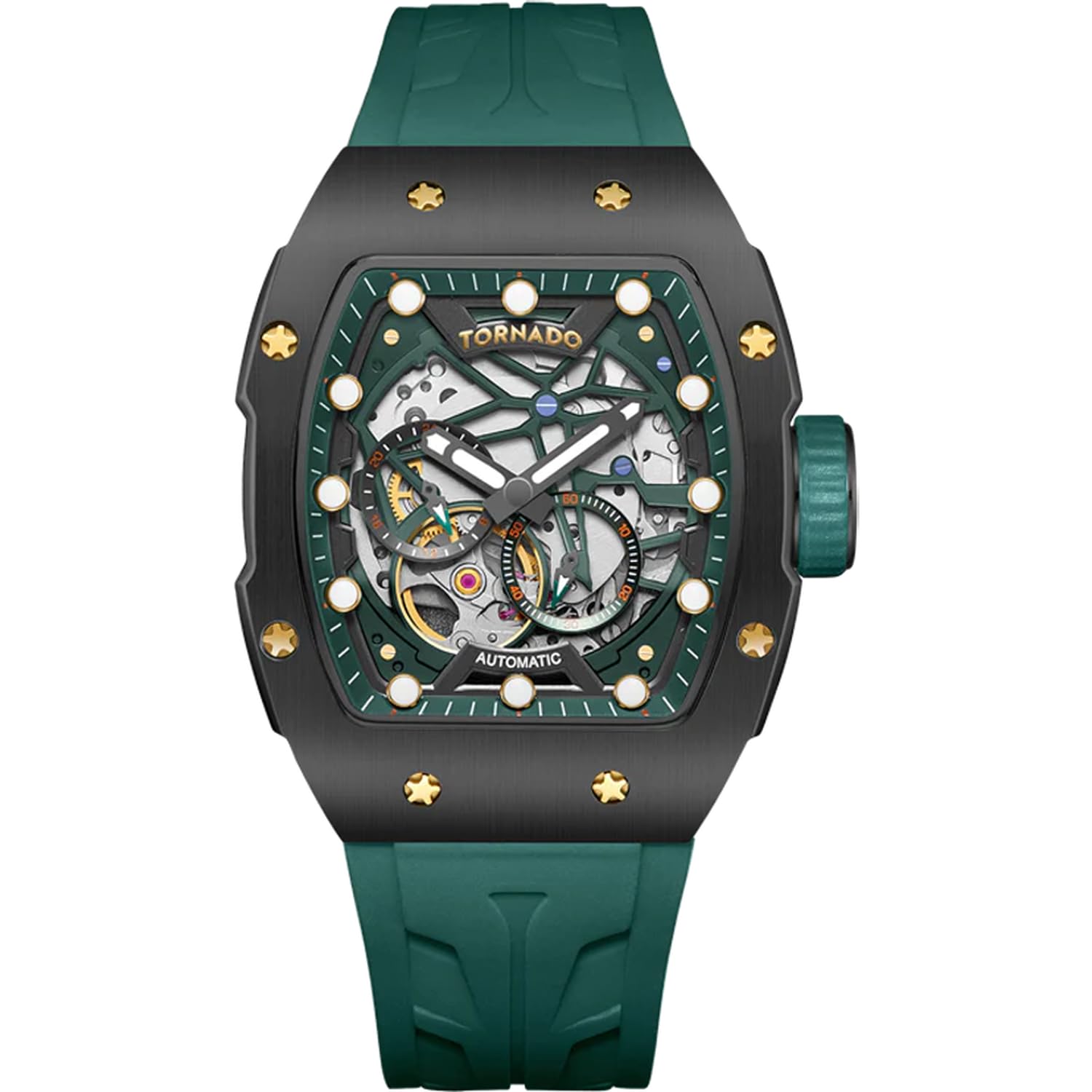 Xenith Automatic Men’s Watch – 39mm Skeleton Dial, Miyota 82S7 Japanese Automatic Watch, Black Stainless Steel Case, Deep-Green Silicone Strap, Butterfly Clasp, 10ATM Water Resistance-image-45