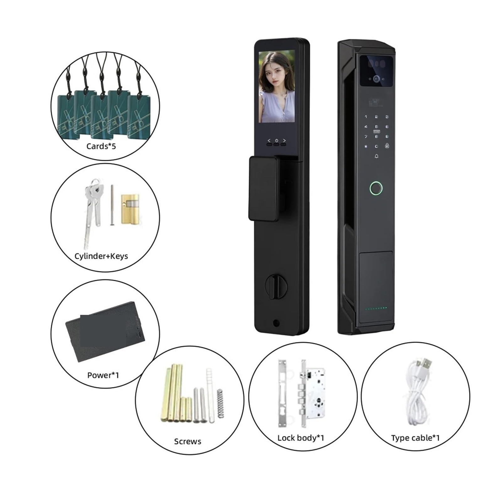 Serratura intelligente per porta, Smart Lock Videocitofono remoto Sblocco facciale multilingue for la sicurezza domestica(Noir,30 * 240)