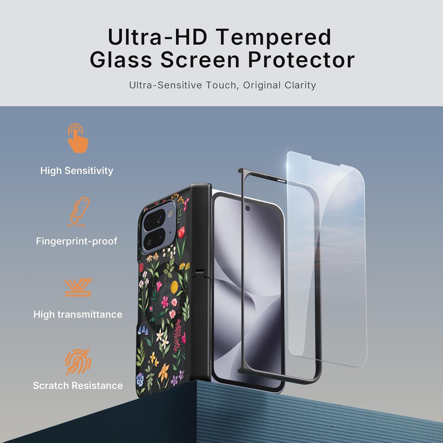 Rosarnnah Magnetic for Google Pixel 10 Pro Fold Case with Magsafe - Built-in [Screen Protector] [Hinge Protection] [Kickstand] - Full Body Protective Phone Case - Nature Flower Black