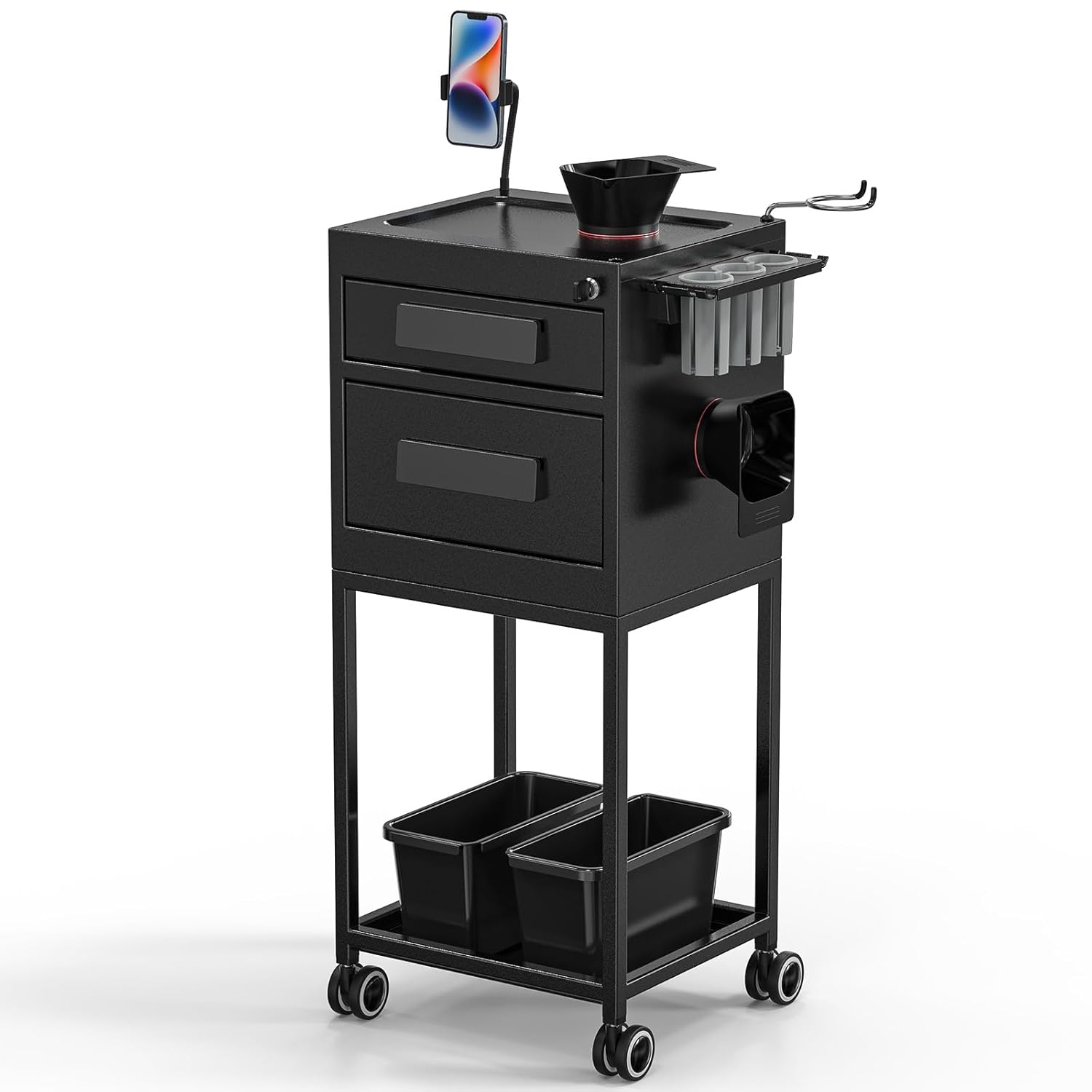 OmySalon Salon Trolley Cart, Hair Stylist Station with Lockable Drawer, 2 Magnetic Color Bowls & 2 Storage Baskets, Metal Barbershop Beauty Hairdressing Tattoo Equipment, Black