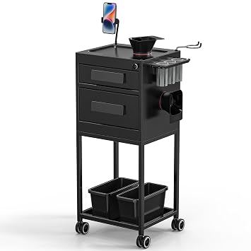 OmySalon Salon Trolley Cart, Hair Stylist Station with Lockable Drawer, 2 Magnetic Color Bowls & 2 Storage Baskets, Metal Barbershop Beauty Hairdressing Tattoo Equipment, Black