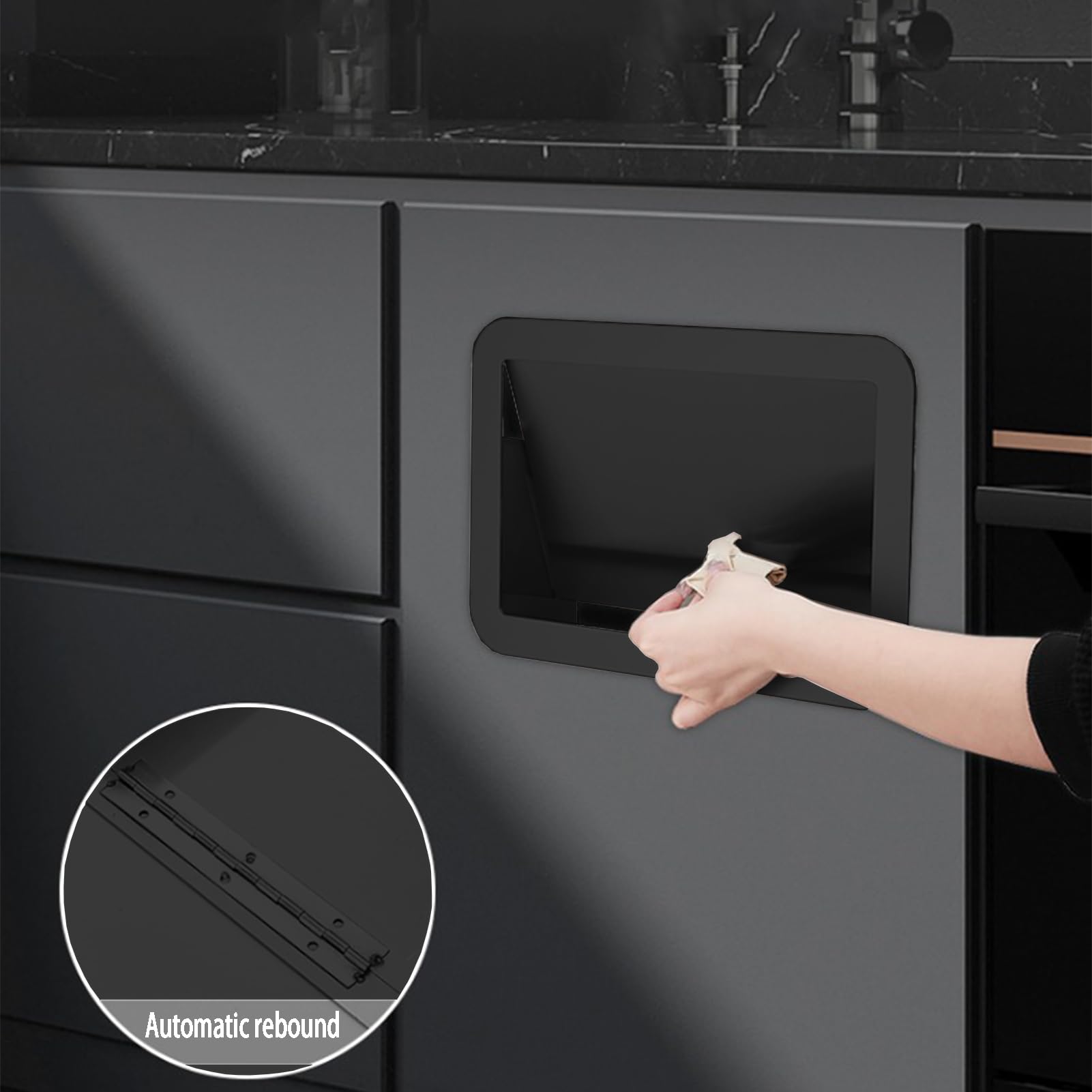 Cubierta Cubo Basura Empotrado Cuadrado, Tapa Cubo Basura Apertura Lateral Acero Inoxidable 304, Cesta Residuos Oculta Incorporada para Gabinete Cocina,Negro,Style C