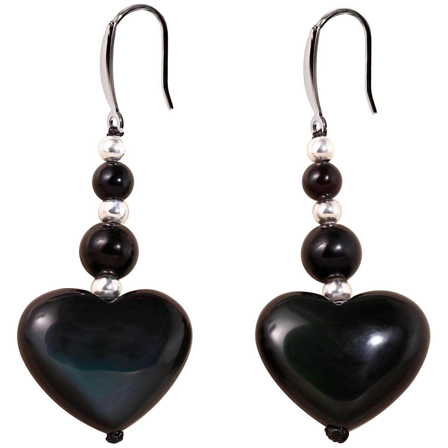 925 Sterling Silver Black Agate Obsidian Heart Shaped Dangle Earrings for Women Trendy Protection Energy Love Jewelry Handmade Drop Earrings