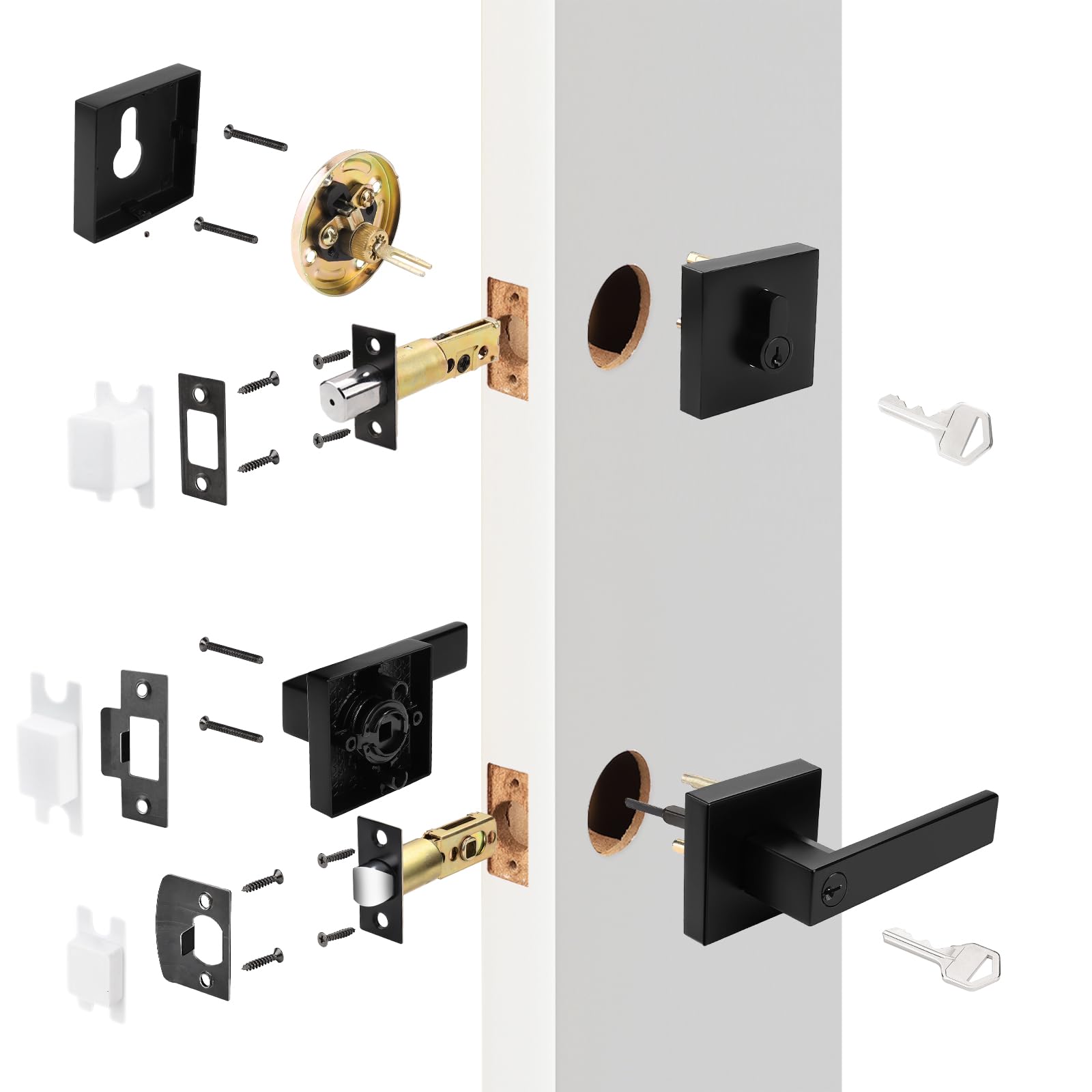 Probrico Juego de cerraduras de puerta exterior de color negro mate con cerrojo de seguridad, manija de entrada de puerta delantera y cerrojo de doble cilindro, palanca de puerta cuadrada con