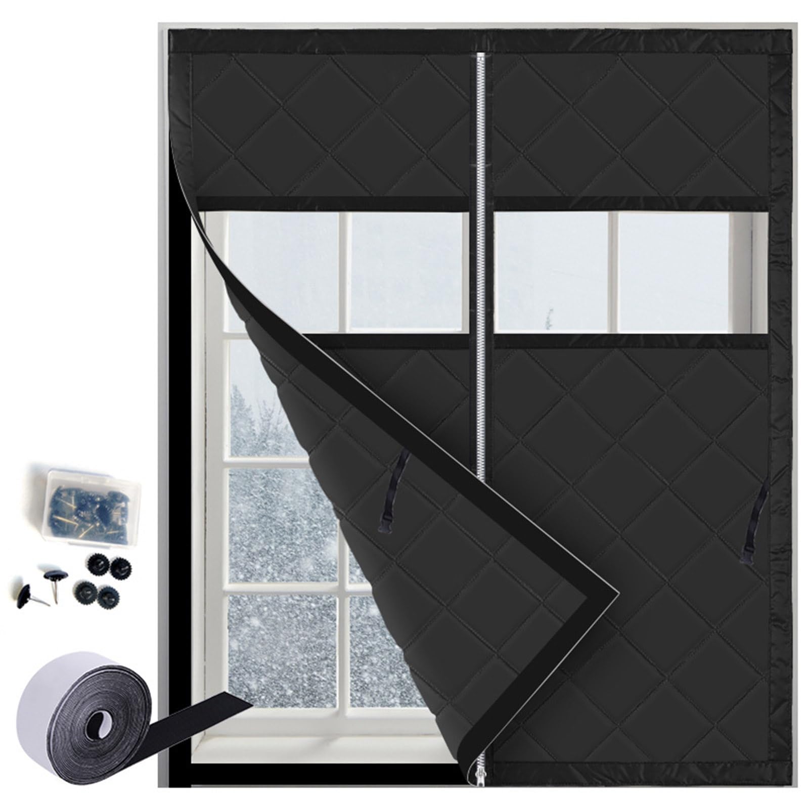 Housse Isolante Fenêtre, Kit D'isolation Thermique for D'hiver, Rideau Isolant Anti Froid en Oxford Coton pour Chambre À Coucher,Salon,Camping-Cars(Noir,220cm H x 180cm W)