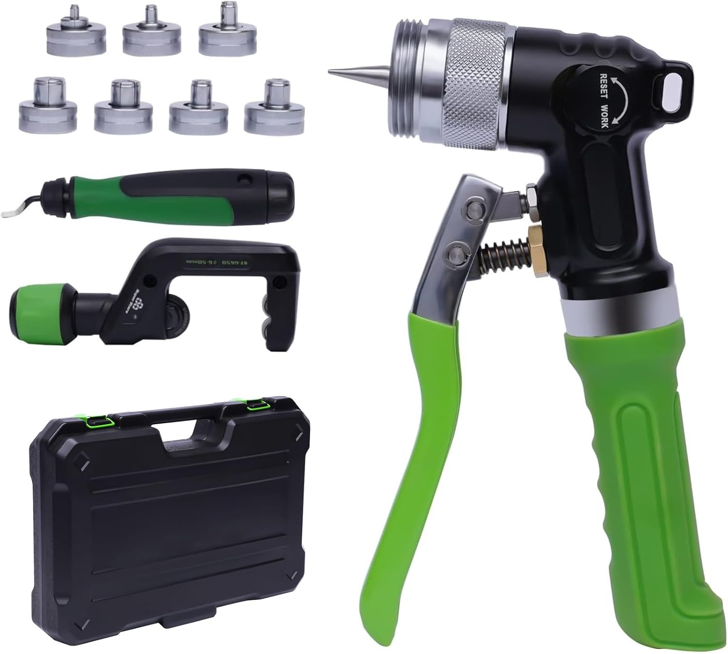 ST-300A Hydraulic Copper Tube Expander Tool, Hydraulic Expander Deburring Tool with Tube Cutter & 7 Expander Heads for 3/8 to 1-1/8 Inches Copper Pipes, Green