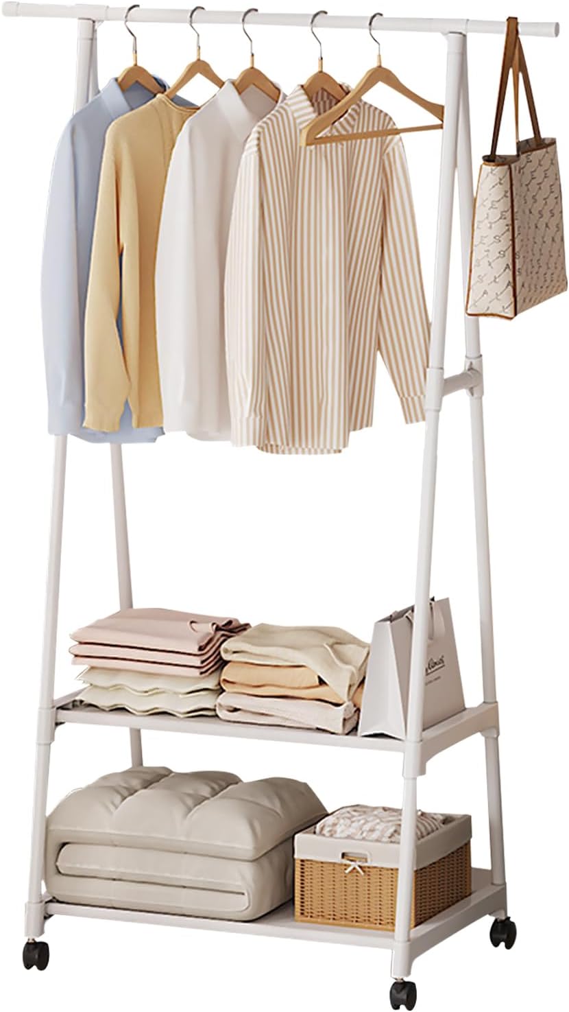 Beauenty Clothes Rack, Clothes Drying Stand, Coat Rack, Sturdy Rolling Clothing Rack with Wheels, Multifunctional Metal Garment Rack with 2-Tier Shelf, (White)
