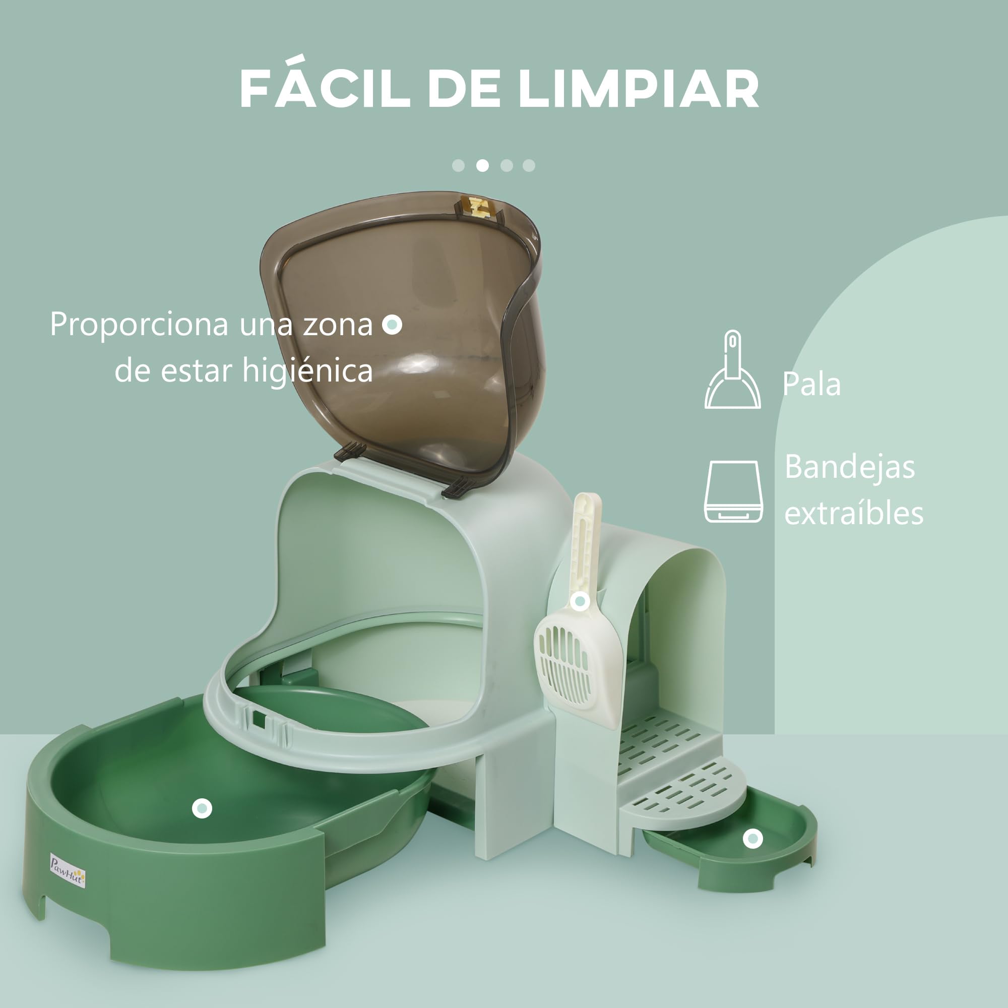 PawHut Arenero para Gatos con Cubierto Caja de Arena para Gatos en Forma de Cápsula Espacial con 2 Bandejas Extraíbles y Pala 52x60x42 cm Verde