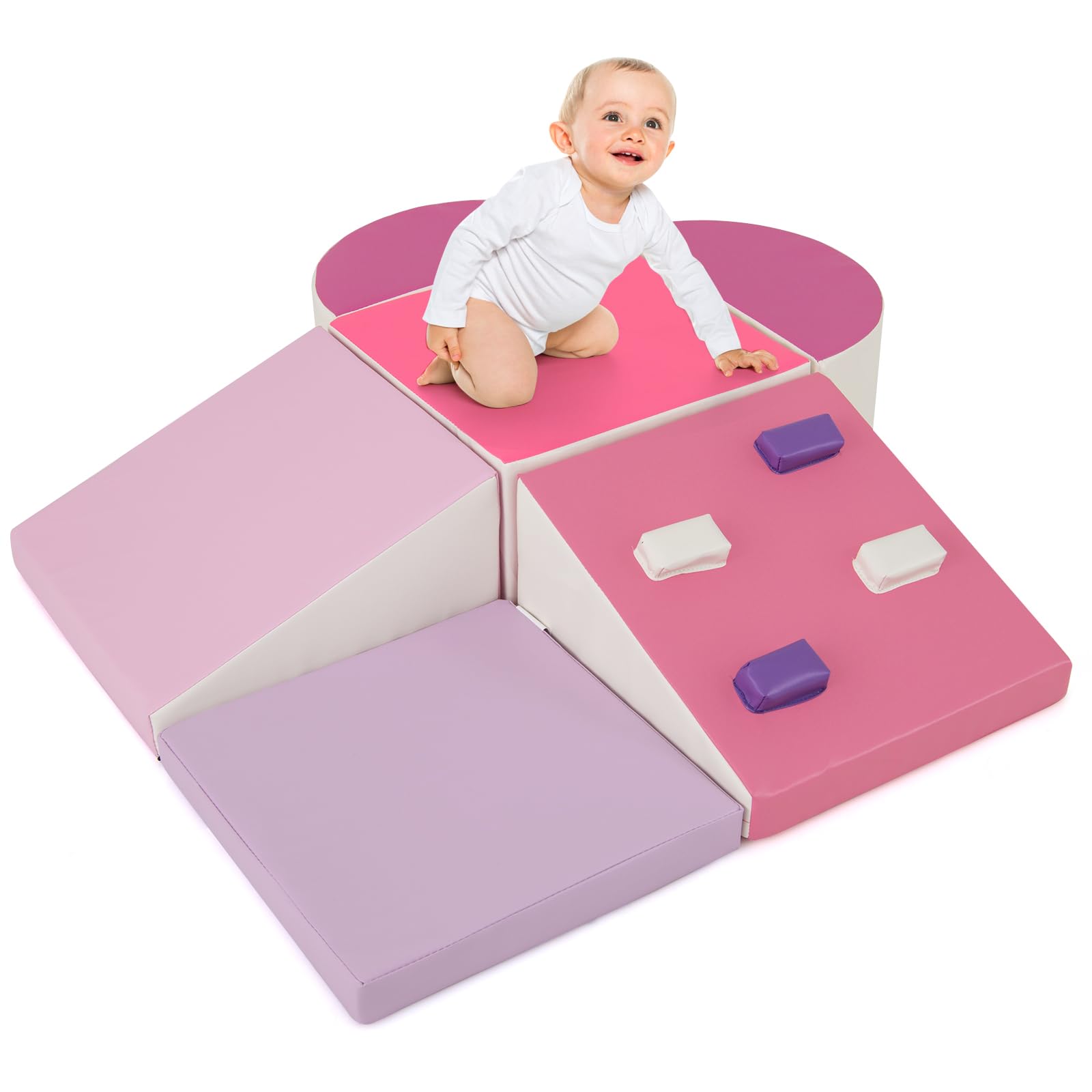 Olakids Climbing Toys for Toddlers, 6 Pieces Baby Foam Blocks Soft Play Set with PU Leather, Indoor Kids Climb and Crawl Sliding Activity Structure Gym Playground Climber (Peach)