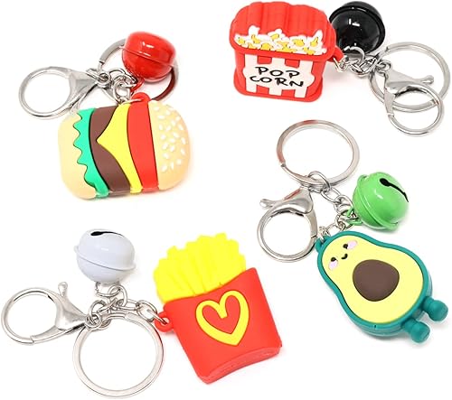 Miniatura 5 de Honbay 4 llaveros artificiales de comida rápida, palomitas creativas, hamburguesas, aguacate y papas fritas, con campanas para bolsa, cartera