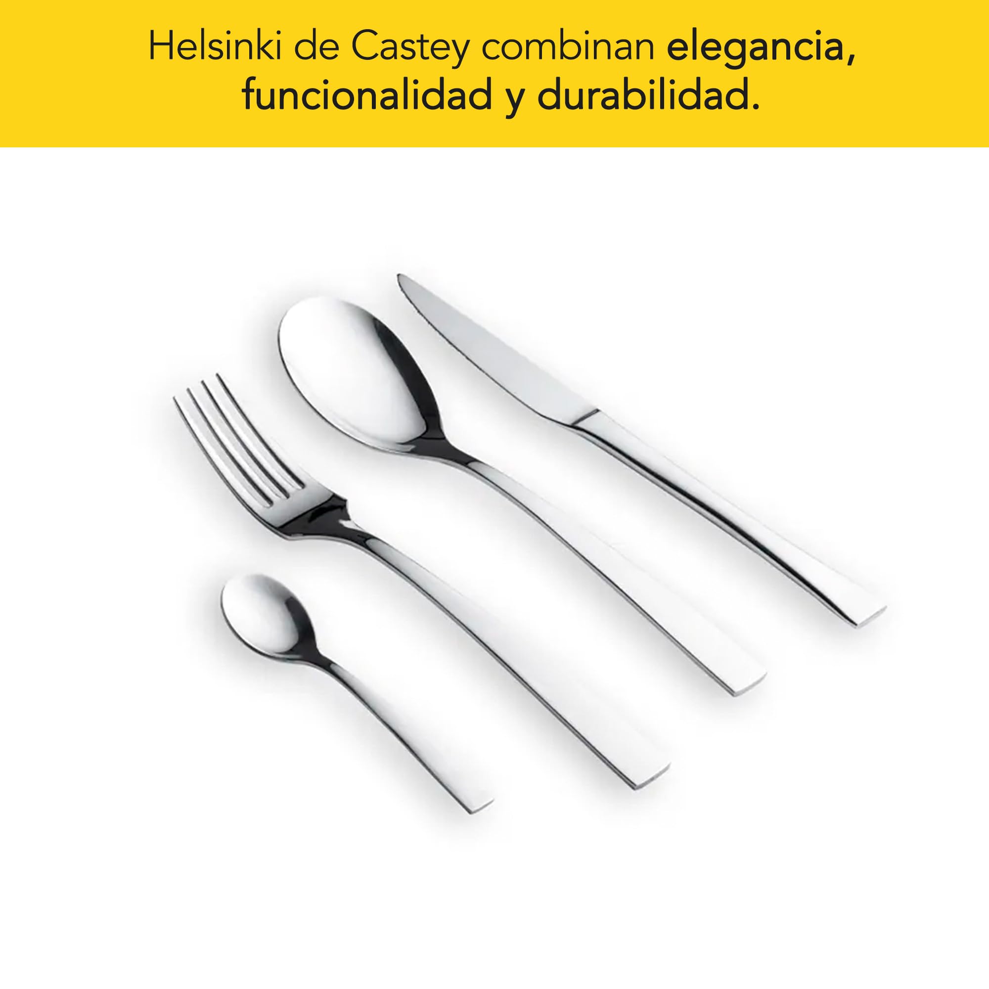 CASTEY - Cubertería Helsinki 24 Piezas, Acero Inoxidable, Diseño Escandinavo Minimalista, Acabado Pulido, Incluye 6 Tenedores, 6 Cuchillos Chuleteros, 6 Cucharas y 6 Cucharillas de Postre