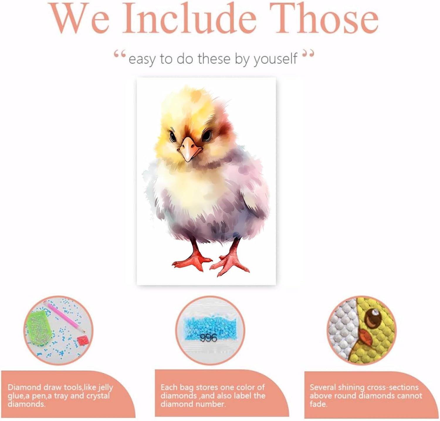 Worihut DIY 5D Cute Chick Diamond Painting Kit for Adults, Round Full Diamond Art Kit, Chicken Diamond Painting Art Painting Crafts Home Wall Art Decor Personalized Gift 12x18 Inch