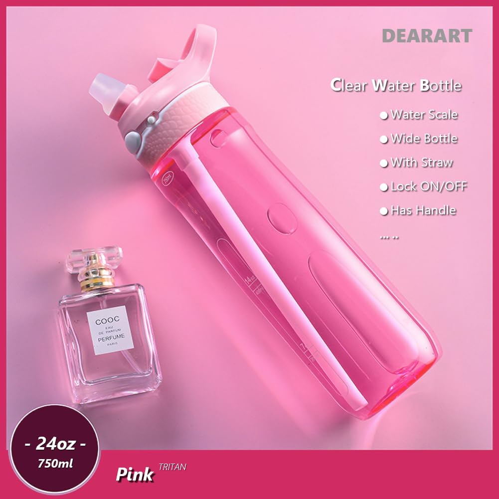 DEARART 2-Pack 24oz Pink & Dark Cyan Water Bottles With Straw, Leakproof BPA FREE Hidden Nozzle, Flip Up Lid Has Handle Wide Bottle Easy Clear, Suit Office Yoga Outdoor Sports Travel Gym.