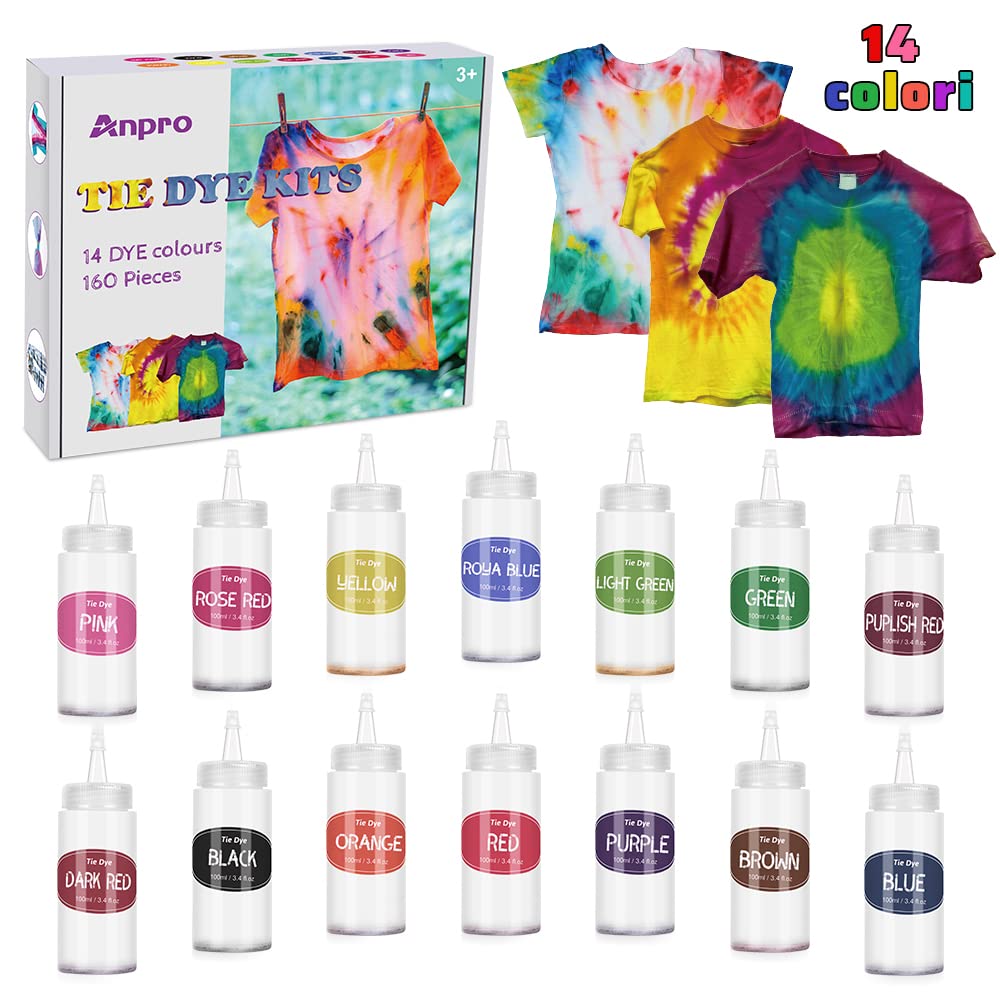 Anpro 160 Pieces Tie Dye Kit, 14 Dyes × 100ml/Bottle Textiles Brilliant Tie-Dye, Pigment Dye Materials Kit Clothing, Suitable for DIY Tie-Dye Art for Children and Adults