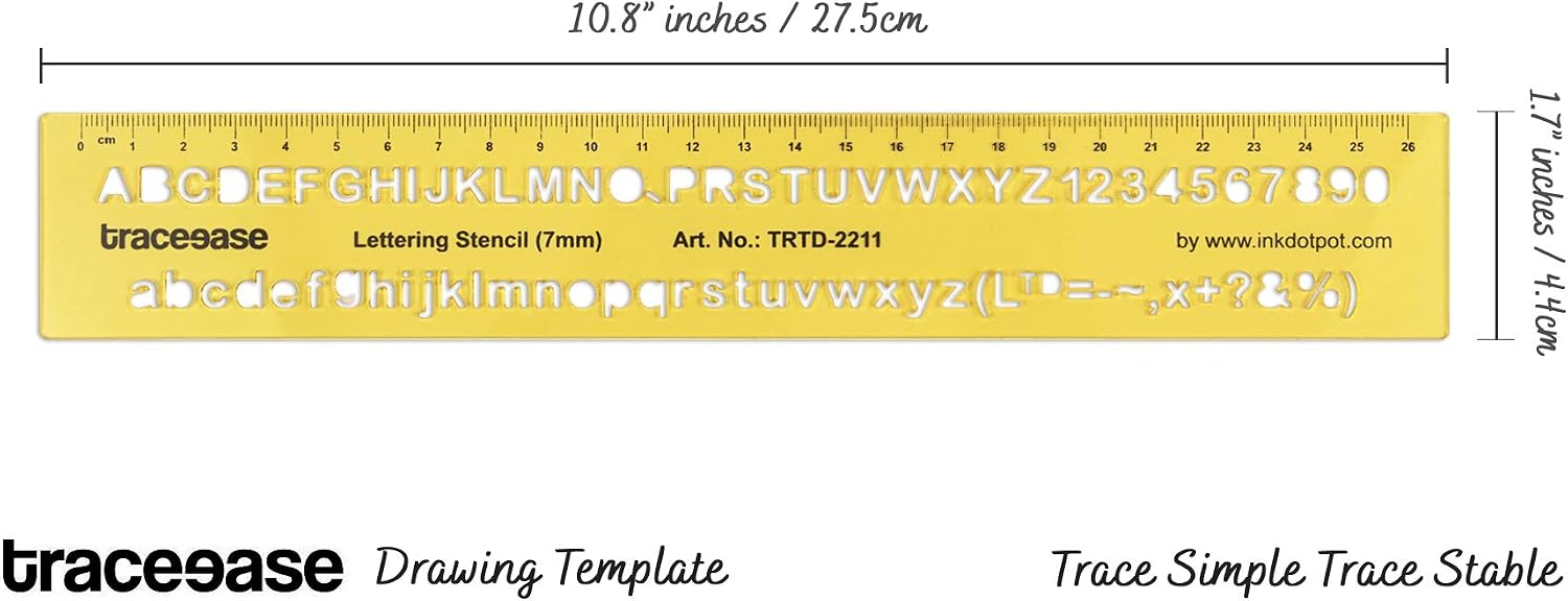Traceease Letter and Number Ruler 7mm Stencil - Alphabet Template with Symbols and Ruler Markings, Drawing Guides for Art, Drafting Tool and Sketching Aid for Beginner & Students