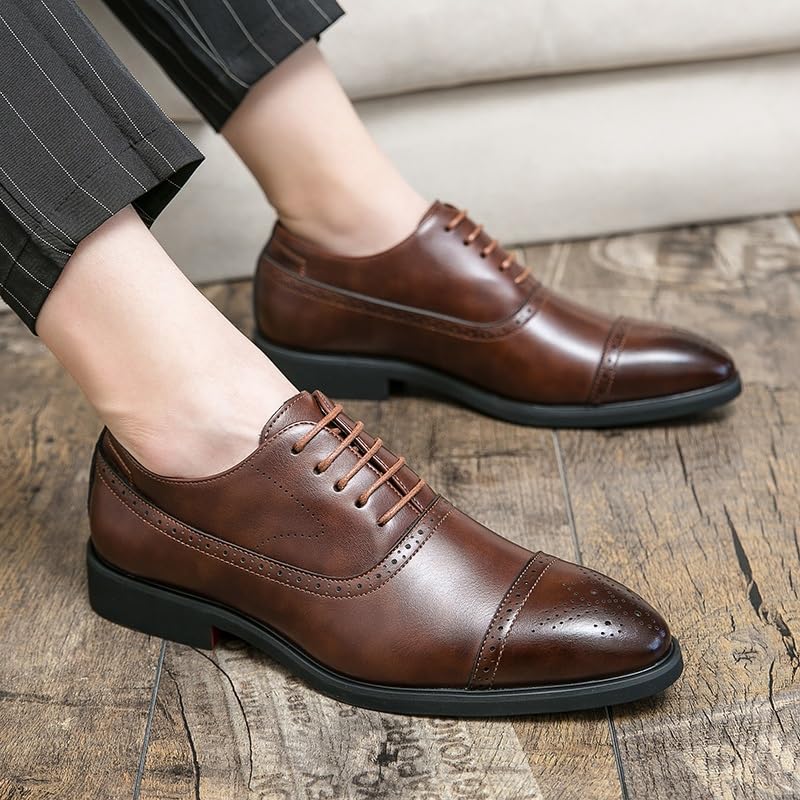 Oxford Shoes for Men Lace Up Pointed Burnished Toe Vegan Leather Cap Toe Oxford Shoes Slip Resistant Block Heel Rubber Sole Anti-Slip Wedding3