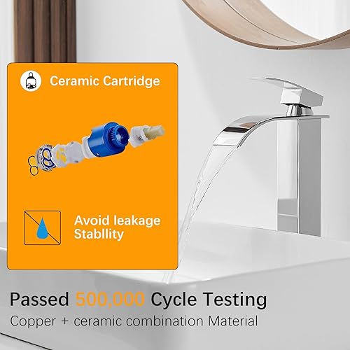 Miniatura 3 de BESy Grifo de baño con boquilla de cascada de cromo pulido, grifo alto de lavabo de baño de una sola manija, grifo mezclador de lavabo de lavabo,