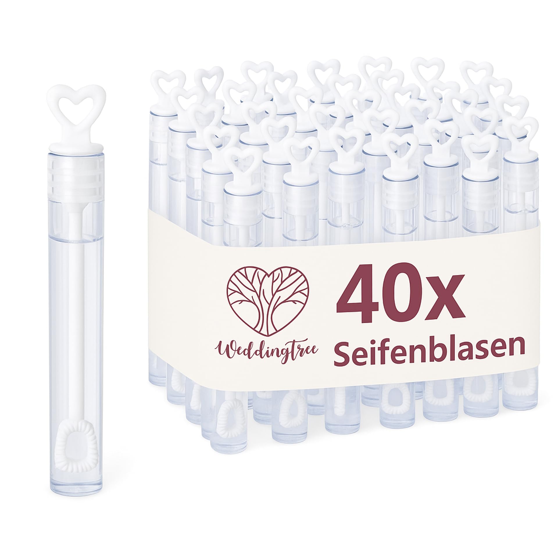 WeddingTree Seifenblasen Hochzeit Set in weiß - 40 Stück mit Herzgriff - herzallerliebst für Taufe Geburtstag Goldene Hochzeit Verlobung Valentinstag Gastgeschenk Party