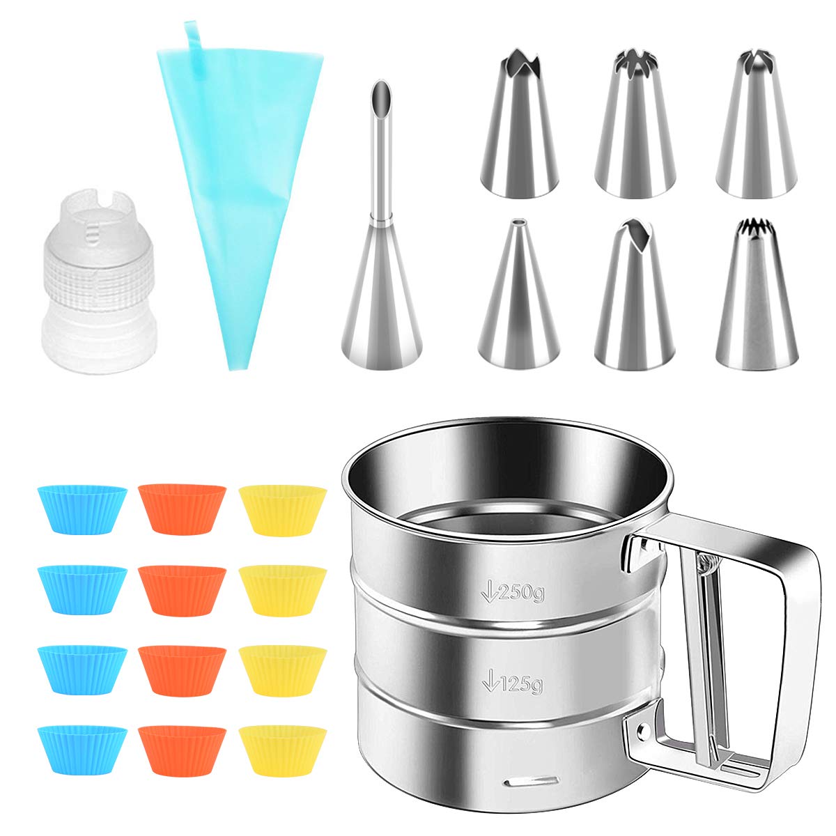 Cake Decorating Kits 22Pcs Baking Accessories, Lychee Cupcake Tool with Flour Sifter, Pastry Bag, Piping Nozzle Tip, Plastic Coupler, 12Pcs Reusable Silicone Baking Cups, 6Pcs Icing Tips