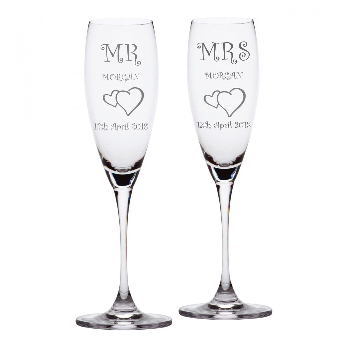 Flûtes à champagne personnalisées Mr & Mrs de prestige avec cœurs liés gravés