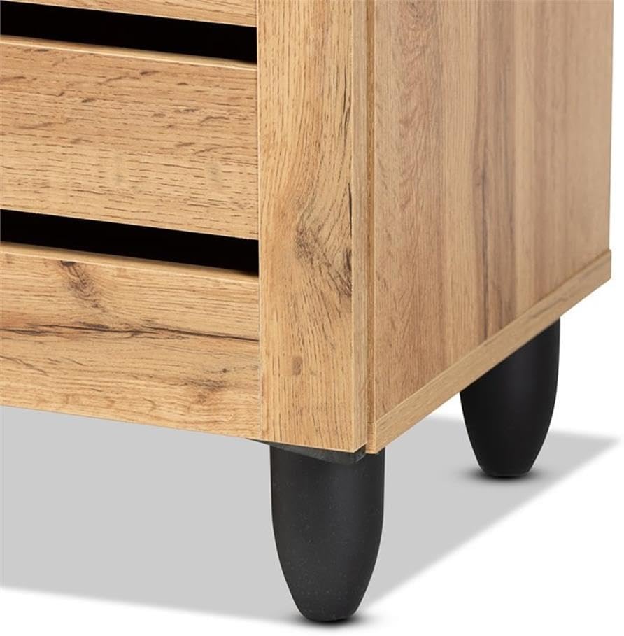 BOWERY HILL Oak Brown Finished Wood Shoe Storage Cabinet, 2-Door Design, 26.3" H x 30" W x 13.1" D, Ventilated Slatted Doors, 3 Shelves Hold 9 Pairs, Anti-Topple Kit Included, Entryway or Closet
