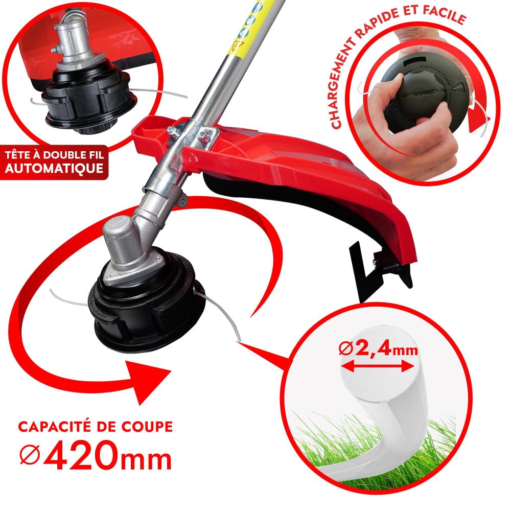 Débroussailleuse Thermique 62 cm³ 2 Temps Essence 2en1 Coupe-Bordure Tête Double Fil Deux Lames