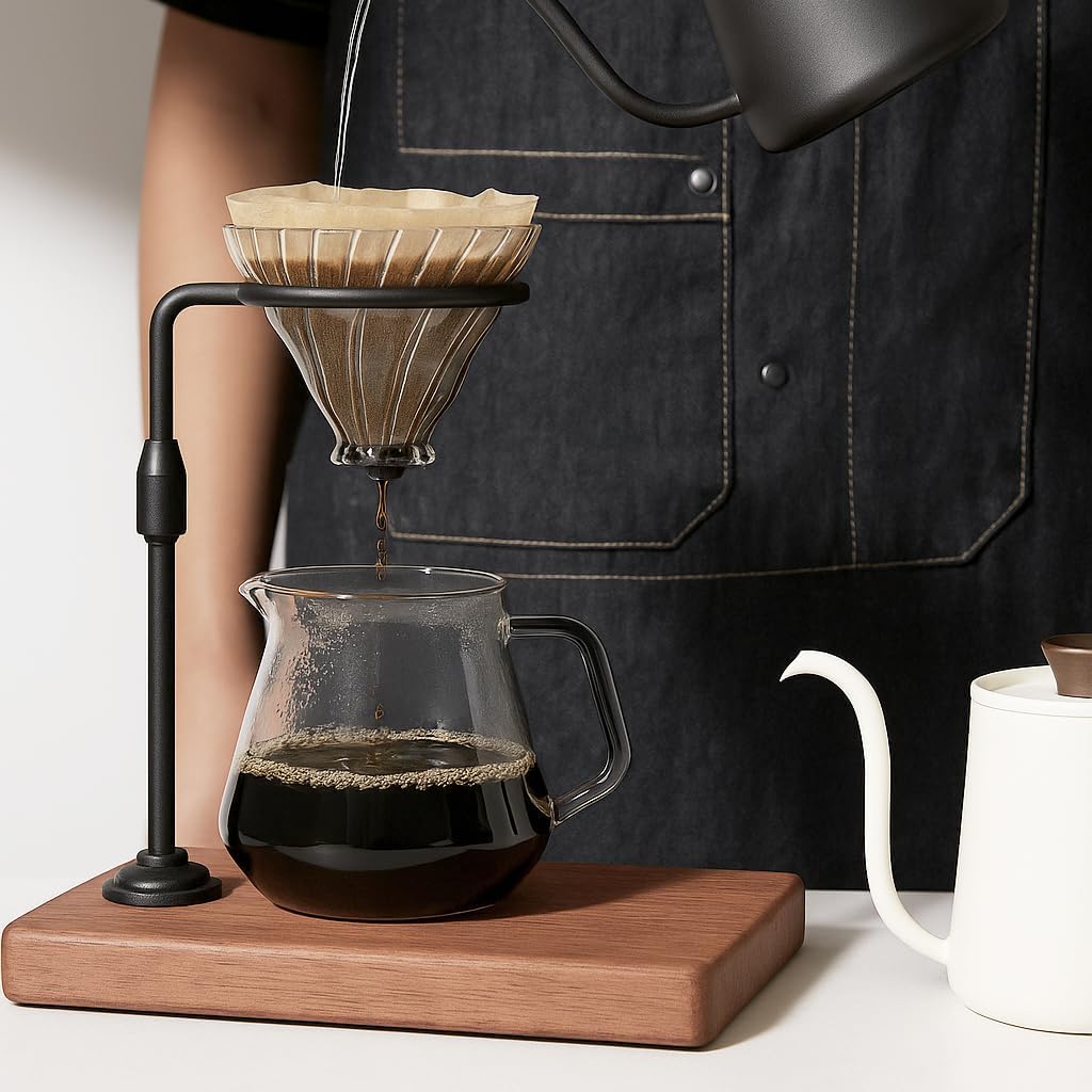 Adjustable Height & 360 Rotating Pour over Coffee Dripper Stand with Wooden Base, Aluminum Alloy Holder, Manual Brewing Station, Black, Sapele Base