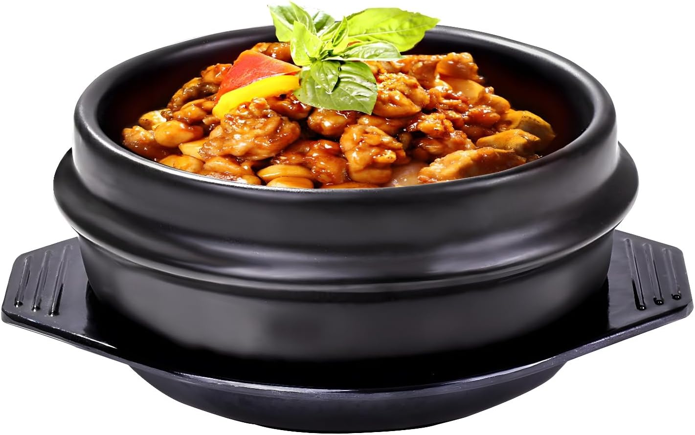 Korean Stone Bowl with Tray - Premium Ceramic Stone Hot Pot for Bibimbap Soup, Stews, and Rice - 37.1 oz Capacity - Dishwasher, Microwave, Oven, and Stovetop Safe