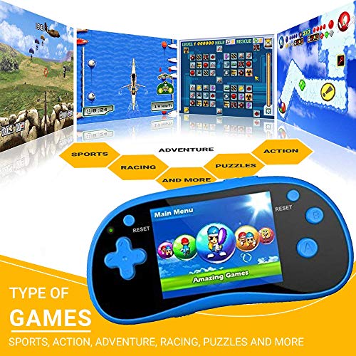 IQ Toys Handheld Arcade Game Zone Player Console Classic 220 Preloaded Video Games for Kids, 16 BIT Large 3" Screen, Rechargable, Blue