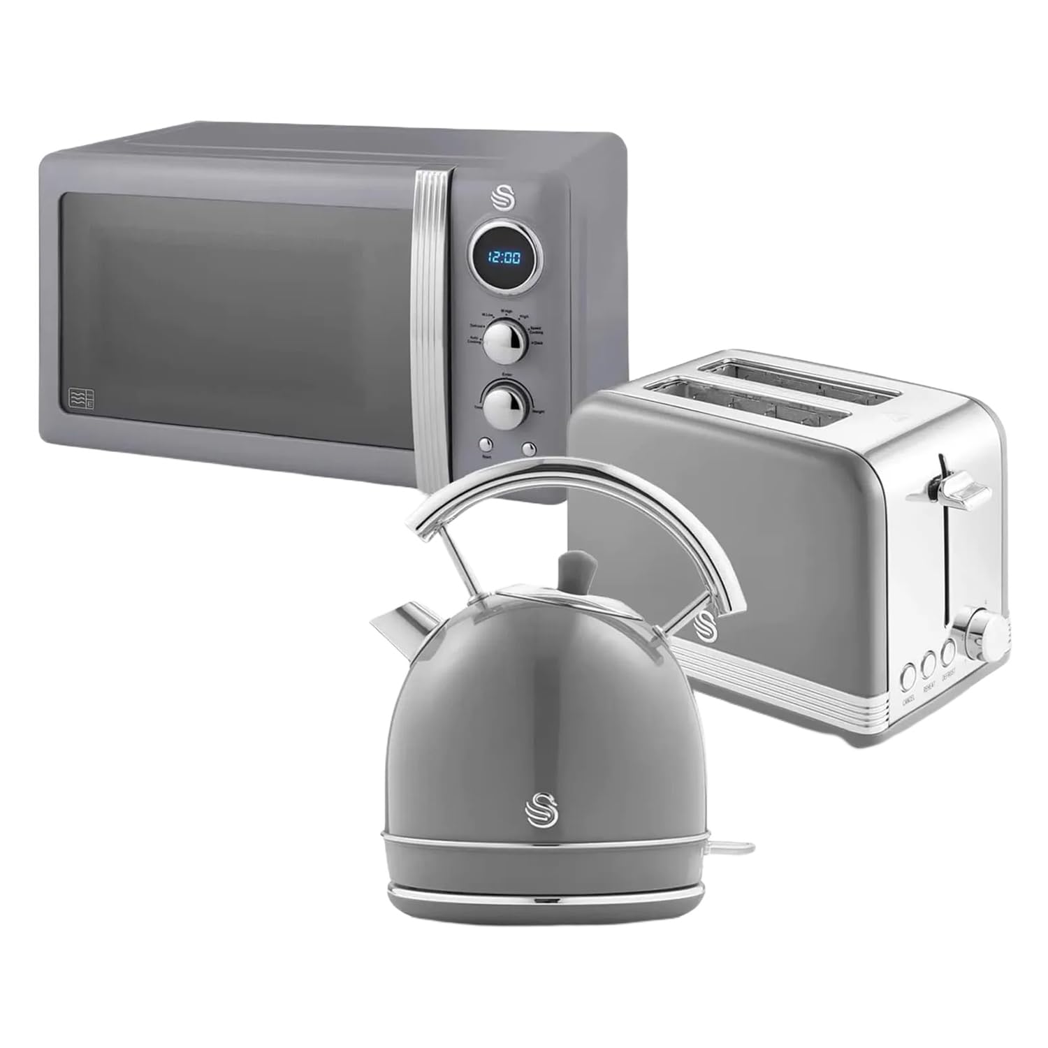 Swan Retro Frühstücks-Set 1,8 L Wasserkocher, 2 Scheiben Breitschlitz-Brottoaster, 20L Digital-Mikrowelle, 6 Leistungsstufen, Timer, Spiegeltür, Vintage Design, Grau, Einheitsgröße