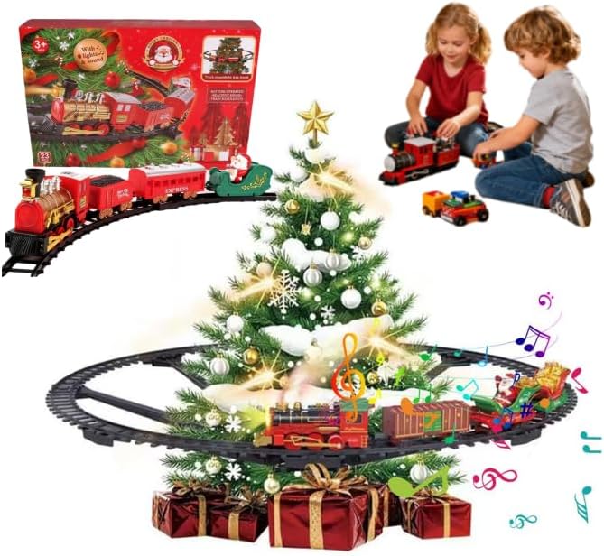 Christmas Train Set Around The Tree, Hanging Christmas Train Set with Light Spray Music, Lighted Trains Sets Around Under The Xmas Tree Home Festive Decoration, Gifts for Kids, (Trees Not Included)