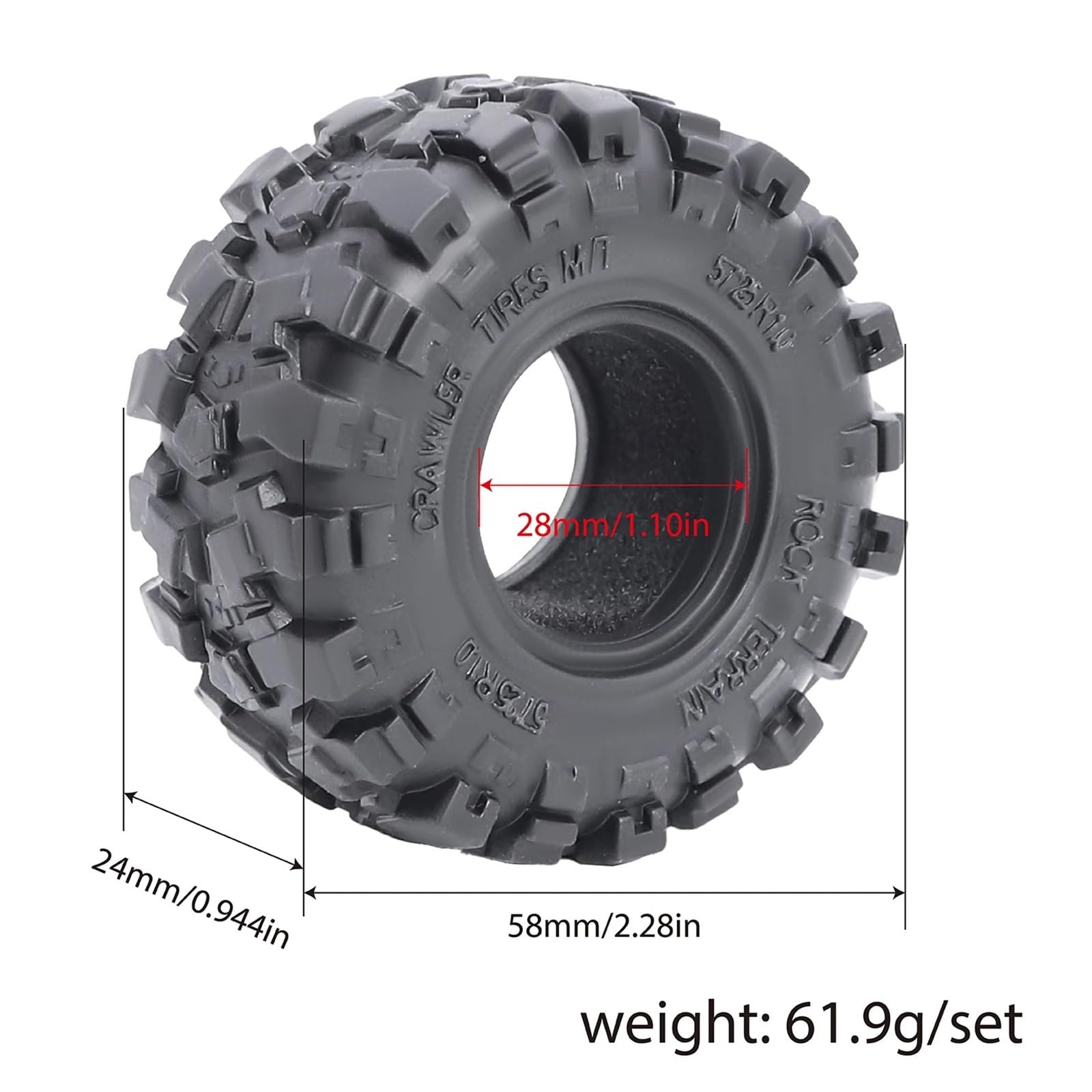 para TRX4M para Axial SCX24 para Bronco para Fcx24 para Terreno 1/18 1/24 RC Mejora Coche Piezas Goma Suave Neumáticos Barro 1,0 Pulgadas 58x24mm RC Reemplazar Accesorios