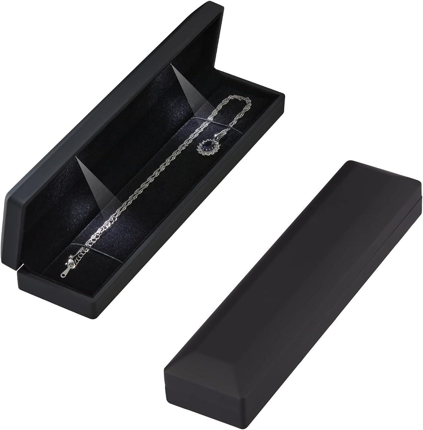 LETURE Long Chain Necklace Jewelry Gift Box Case with LED Light, Elegant Velvet Necklace Pendant Bracelet Box for Jewelry Display Wedding Engagment Valentine's Day (Black)