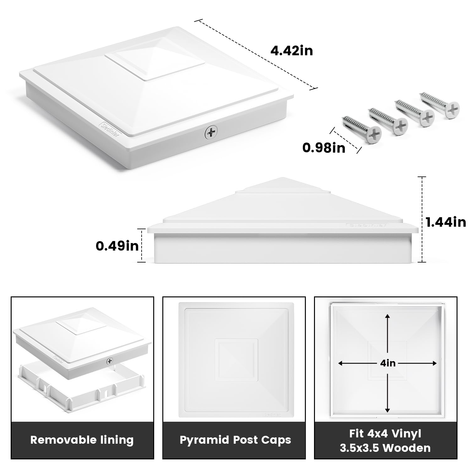 Tofficu 4-Pack White Vinyl Fence Post Caps – Pyramid Design, Waterproof ABS, Easy No-Tool Installation, 10.5x10.5x2.4cm