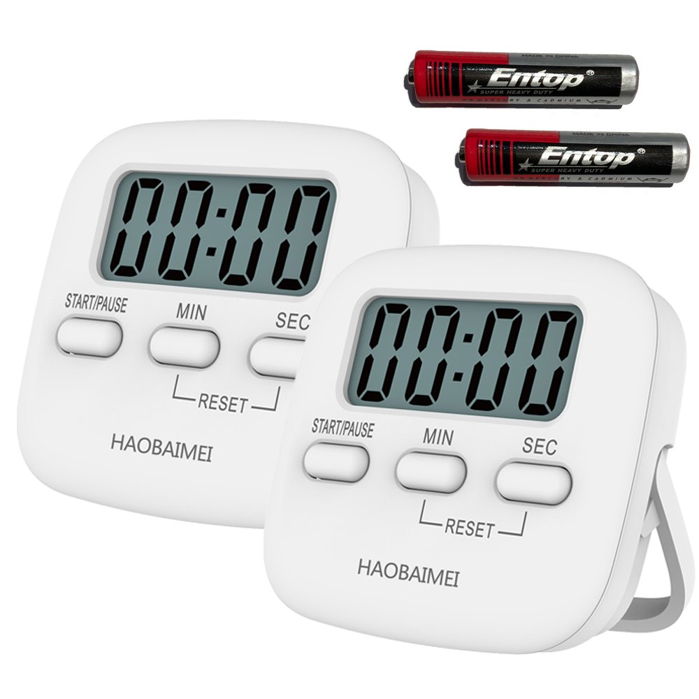 Digital Kitchen Timer, Simple Operation, Minute Second Count Up and Countdown, Loud Alarm, Low Energy Consumption, Magnetic Backing, Stand, White, Batteries Included (2)