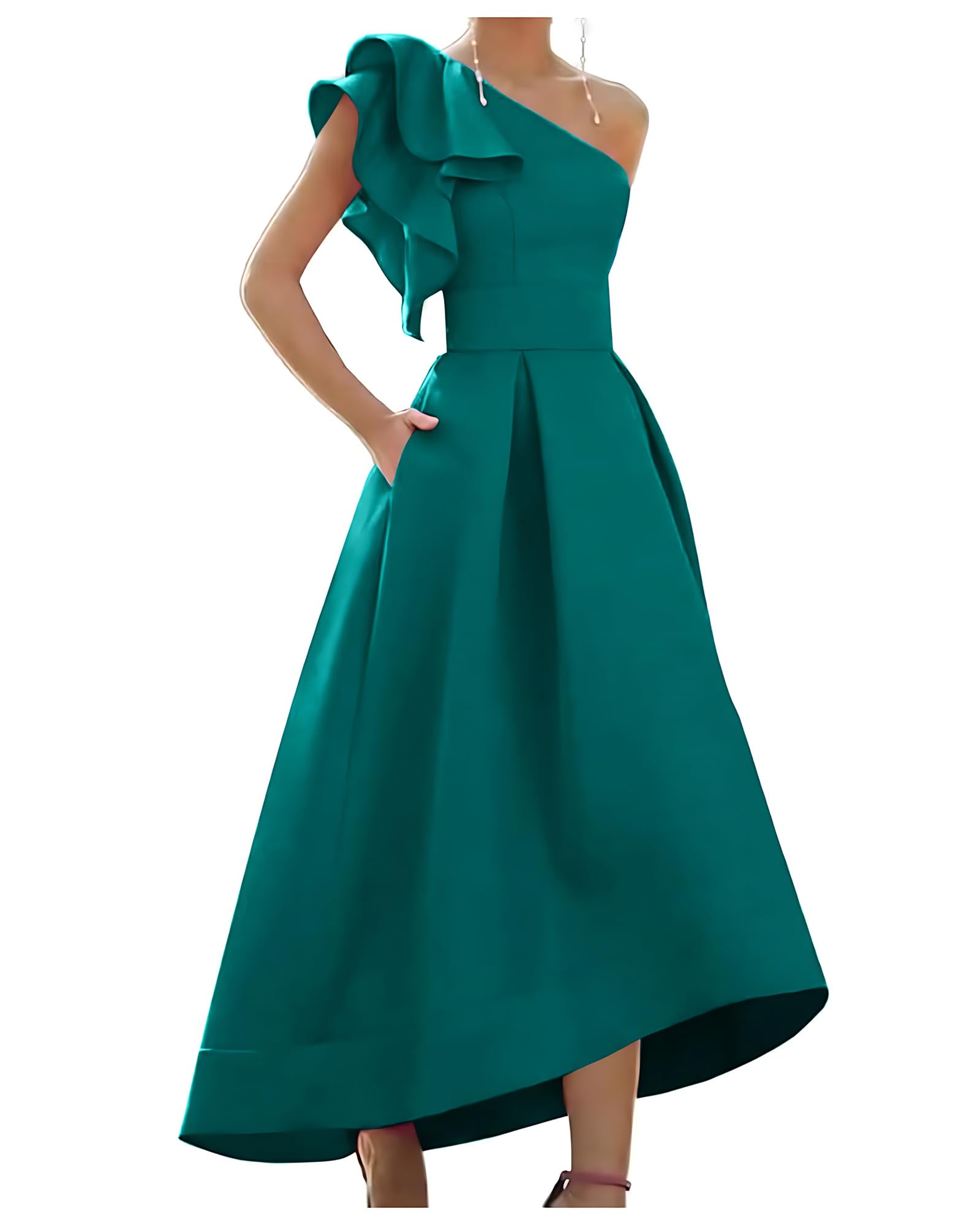 Tixlear Tea Length Satin Prom Dresses for Women 2026 One Shoulder Bow High Low Wedding Guest Formal Evening Party Gowns