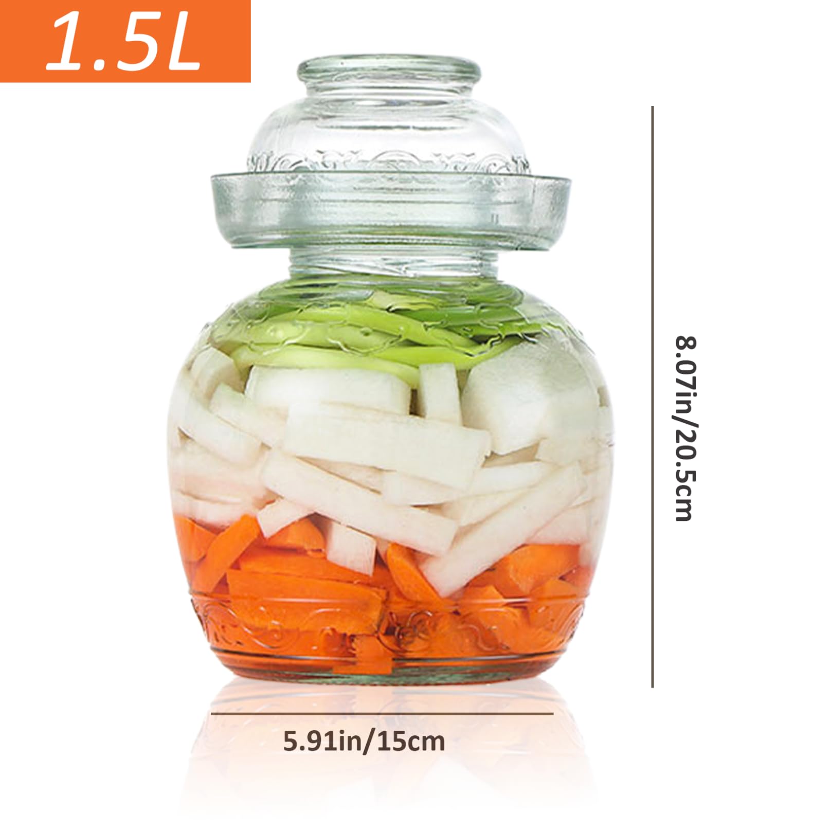 Récipients à Kimchi, Récipient à Cornichons 1, 5 L Pot de Fermentation de Qualité Alimentaire Récipients Kimchi Traditionnels avec Bouchon Bol Pot en Verre Transparent avec Couvercle Kit Ferme