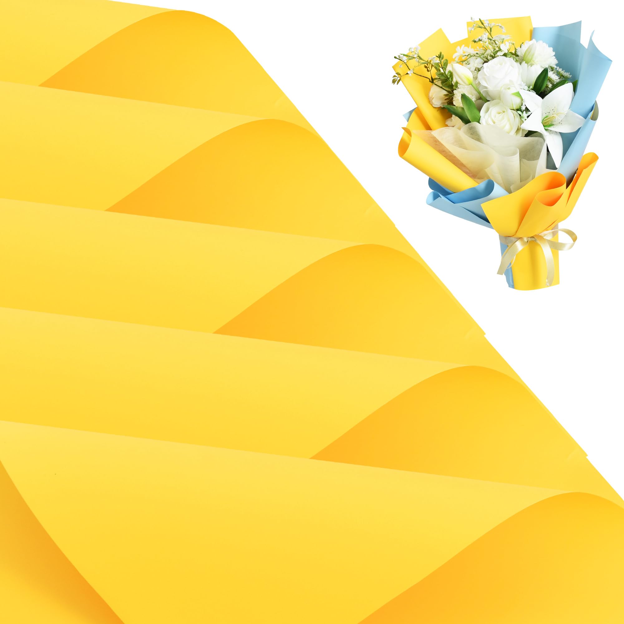 BEISHIDA 20 PCS Yellow Floral Wrapping Paper-Matte Waterproof Flower Wrapping Paper Bouquet for Florist Supplies, DIY Crafts, Gift Packaging, Wedding,