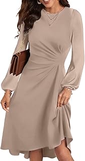 Women's Long Sleeve Ruched Waist Flowy A Line High Low Midi Cocktail Party Dress - Buy now