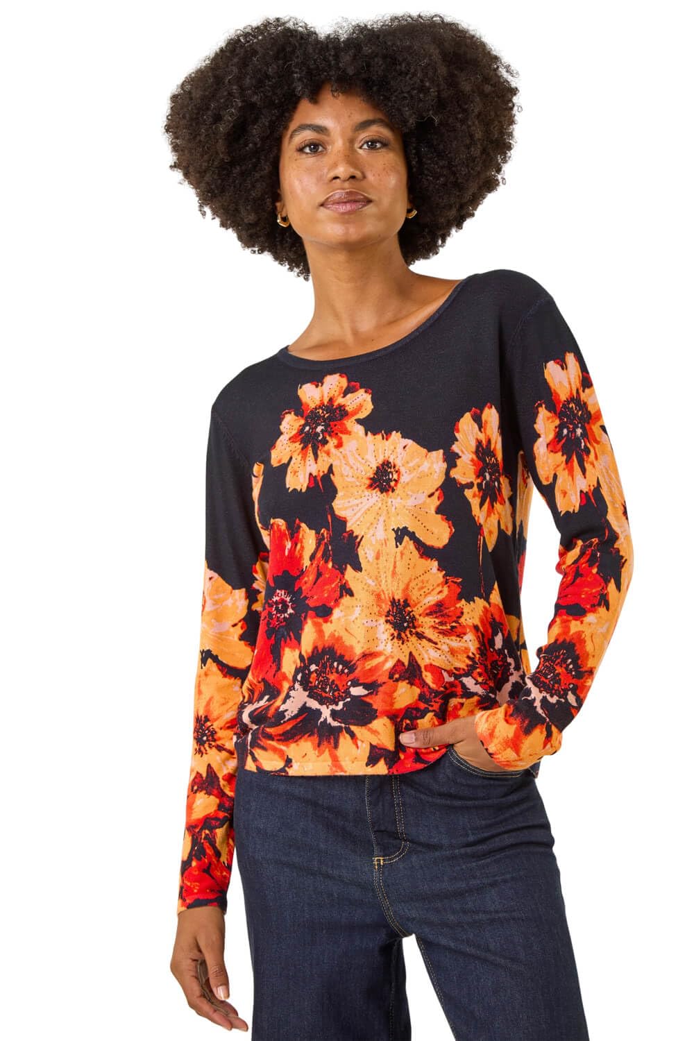 Roman Floral Print Knit Jumper - Navy - Round Neck - Long Sleeve - Hotfix Embellishments - Womens Size 12