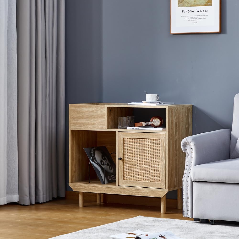 Turntable Stand Record Player with Storage, Rattan