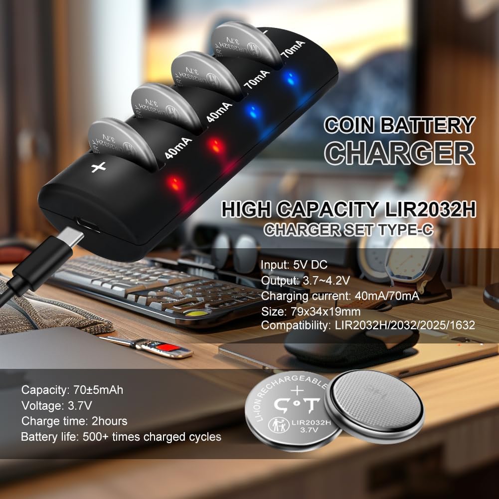 리튬 충전식 코인셀 배터리 충전기 4팩 3.7V 대용량 70mAh LIR2032H 충전 버튼 CR20323V 교체 - G마켓 모바일
