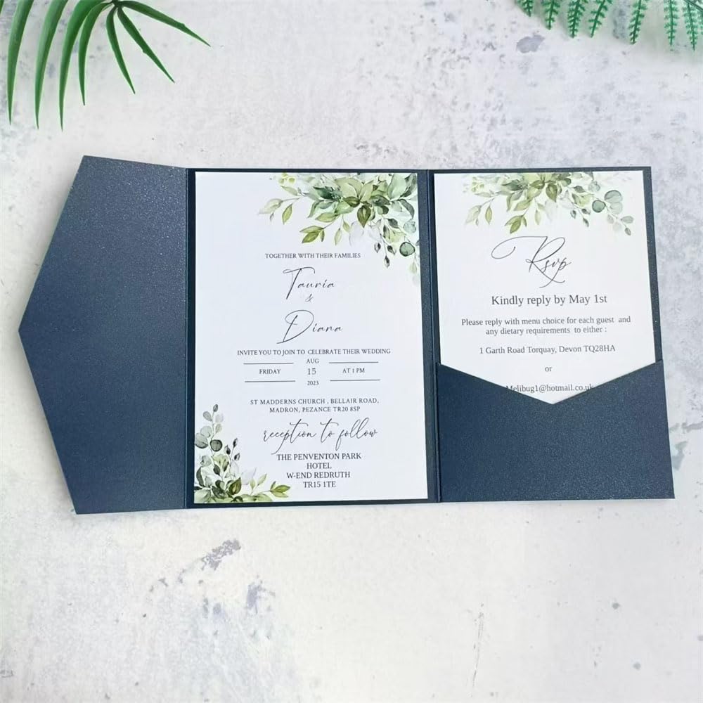 Navy Blue Wedding Invitation Card Pocket Envelopes Sturdy Shimmer Invite Cover Folder 20 sets (navy blue)