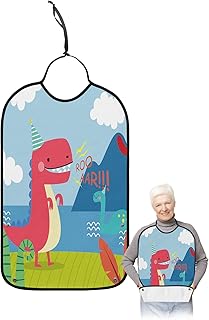 QueenKer Funny Adult Bibs for Eating, Cute Cartoon Dinosaur Waterproof Clothing Protector Washable Adult Bib with Crumb Catcher for Men Women Elderl and Seniors
