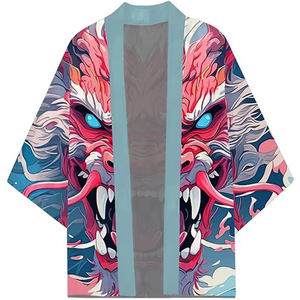 Hrippy Japanese Traditional Samurai Kimono Cardigan, Dragon Printed 3/4 Sleeve Haori Shirt for Men Women Cosplay