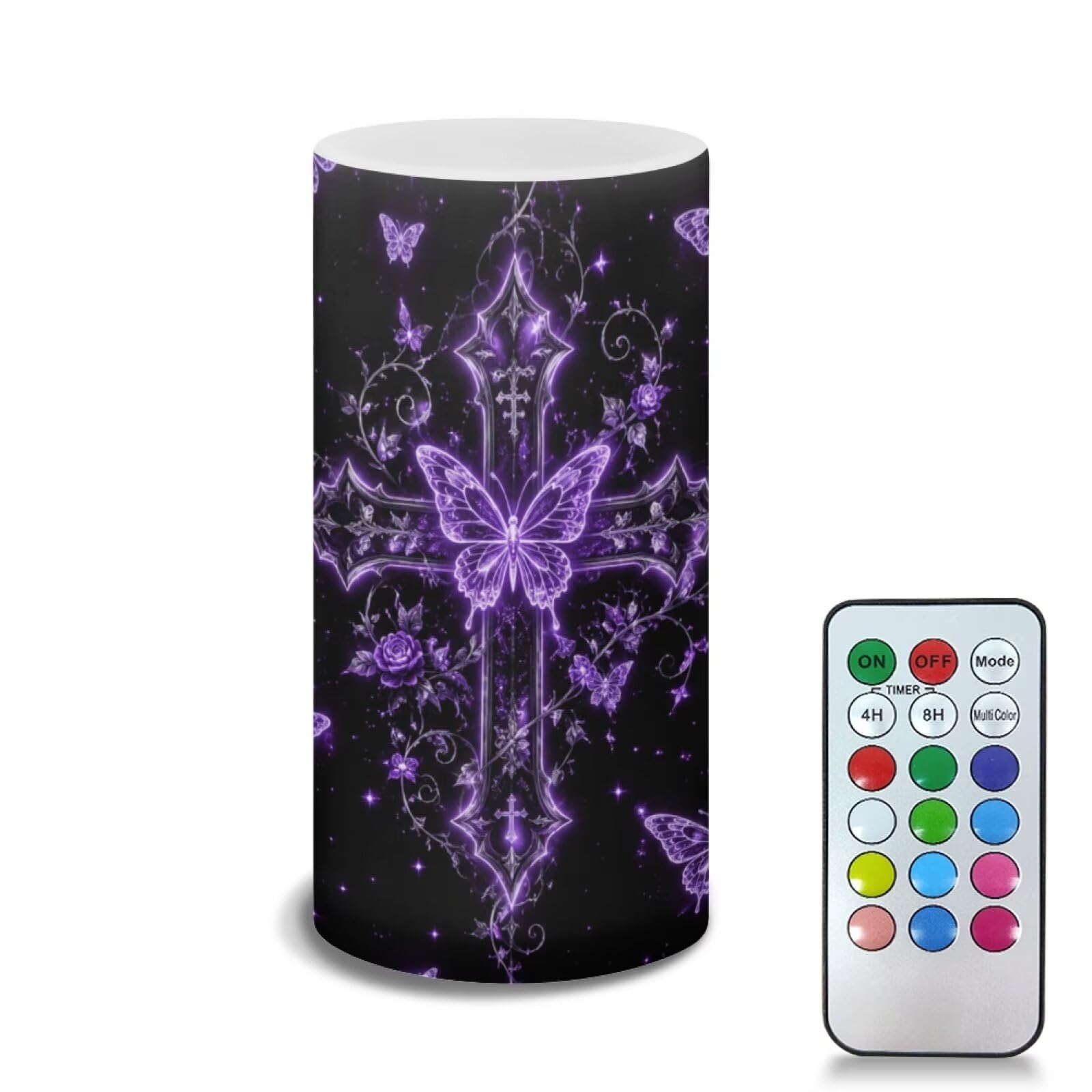 Poceacles Flameless Candle Battery Powered with Remote Control 12 Colors 4/8 Hours Timer LED Night Lights Pillar Candle Tealights Home Indoor Decor, Cross Butterfly Floral Violet
