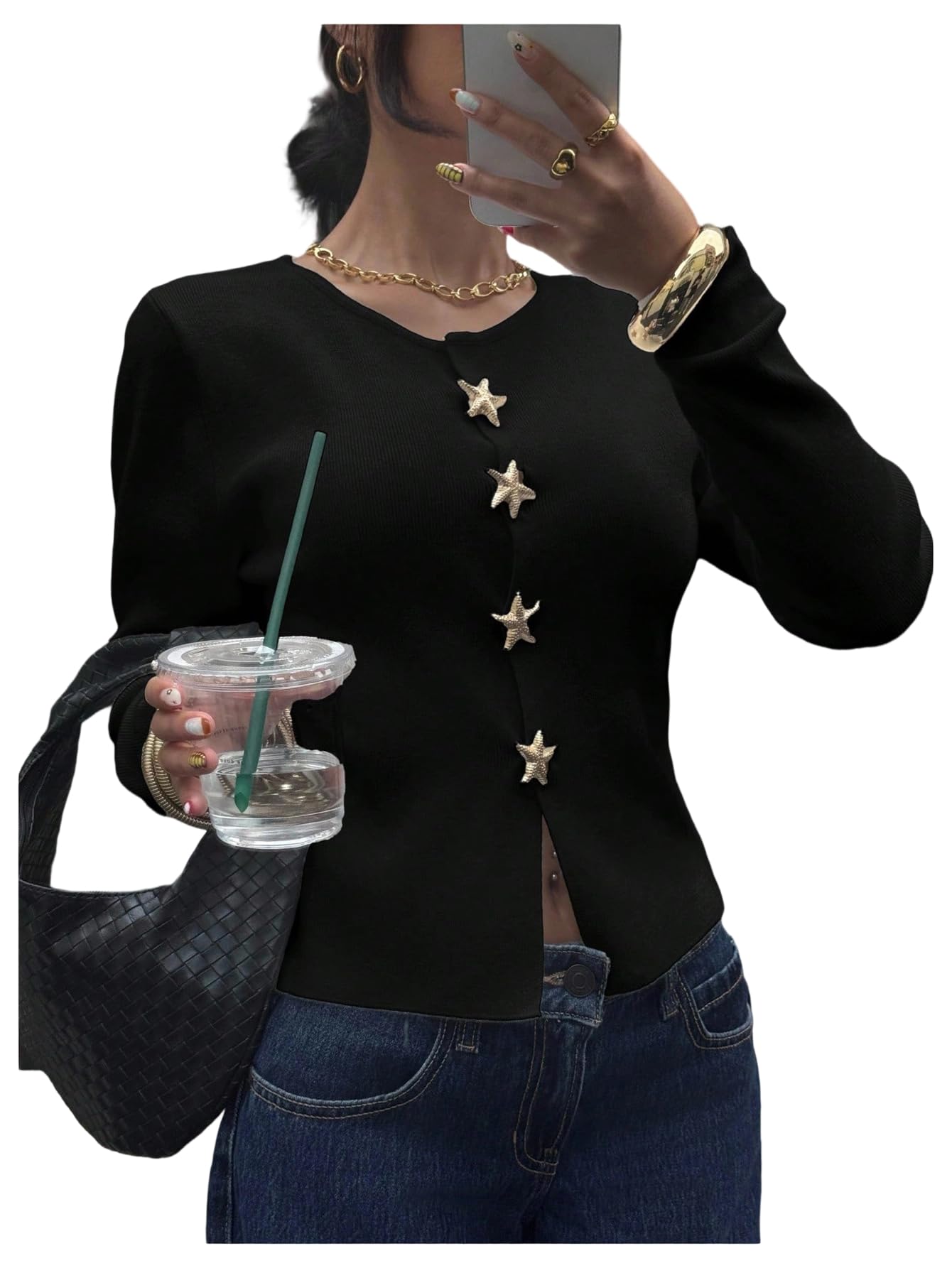 MakeMeChic Womens Sweater Cardigan Metal Starfish Button Down Long Sleeve Knit Tops